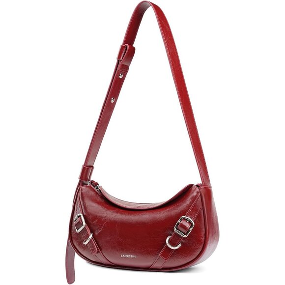 Women Red Soft Leather and polyester Hobo Bag with Adjustable Strap